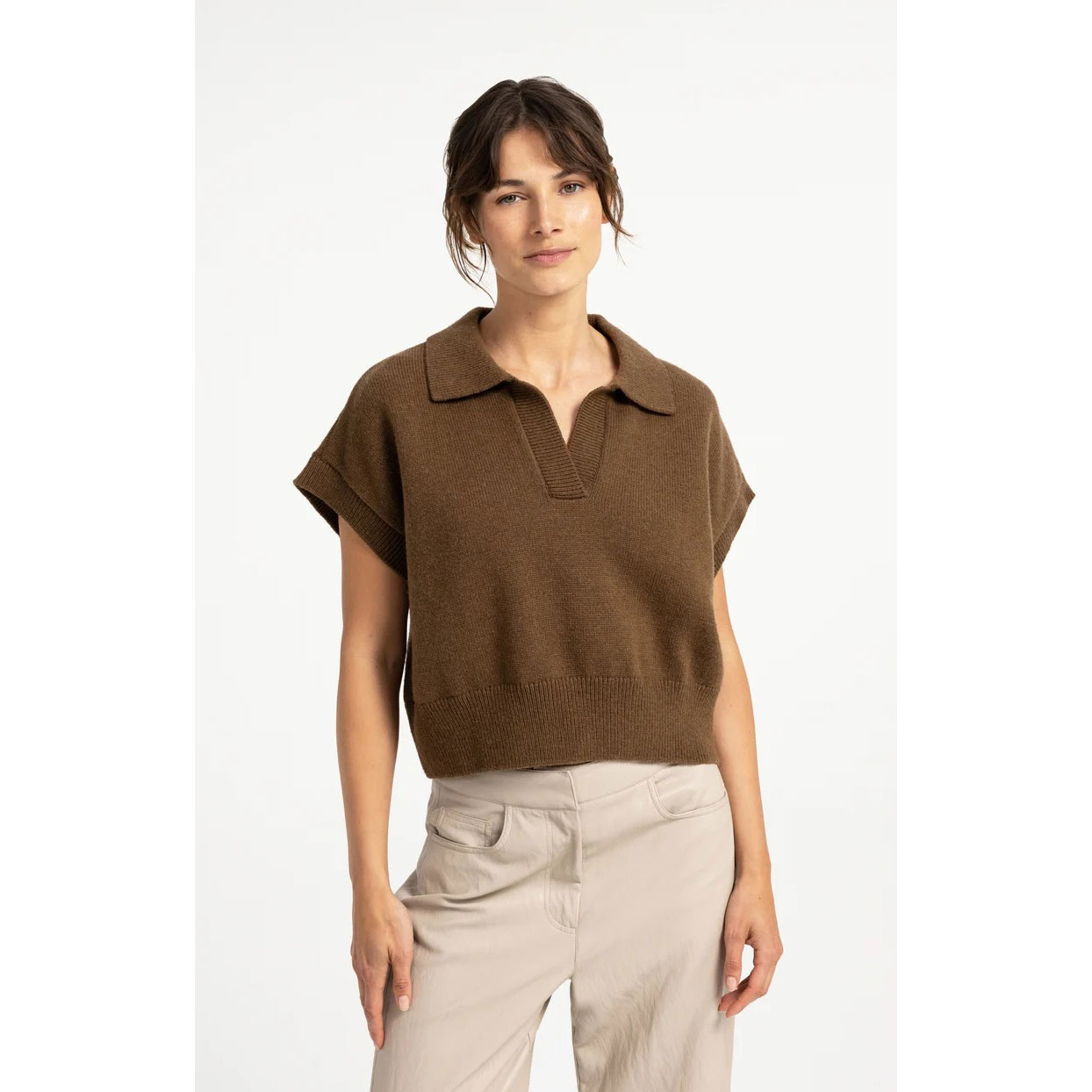 YAYA kurzer Strickpullover mit Kragen Teak Brown Melange
